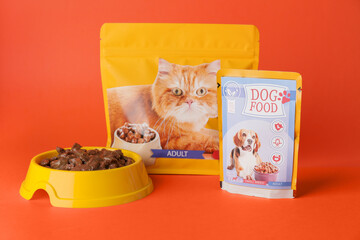 Tasty pet food on color background