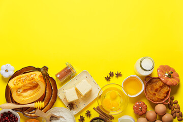 Ingredients for preparing pumpkin pie on color background