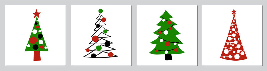 Christmas tree hand drawn illustration. Cartoon fir tree symbol, vector icon. Holiday design elements isolated on white. For winter season cards, tags, New year party posters and banners.