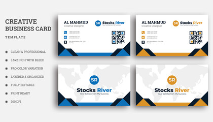 Double Sided Business Card With Creative Abstract Shapes, Flat Blue & Orange Business Card Template.