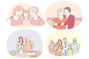 Grandmother and grandchild, happy family with grandparents concept. Happy smiling grandparents helping children in cooking, feeling love from relatives and making family photo together illustration