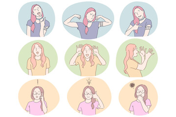 Sign language, gestures, hands and facial expression communication concept. Young girls cartoon characters showing cool strength, power, fun, having idea and showing doubt, having fun and foolish 