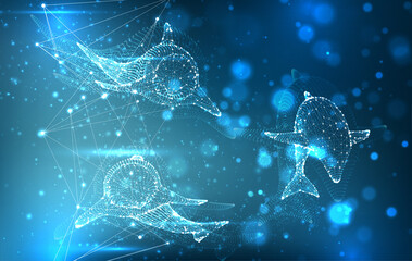 Vector dolphins from dots and lines float on a bright blue background with highlights and flashes.