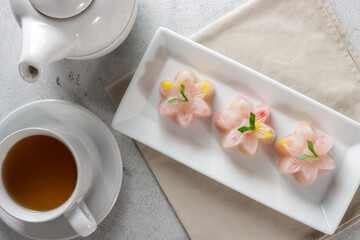 Cantik Manis. Indonesian traditional steamed dessert made from mung bean flour, sago pearls and coconut milk.