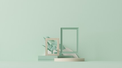 Minimal scene with geometric shapes, podiums and frame on pastel blue and beige background. Trendy 3d render for social media banners, promotion, cosmetic product show. 