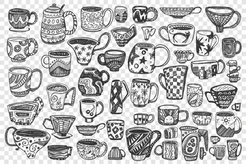 Fototapeta premium Cups doodle set. Collection of different hand drawn decorated coffee tea mugs full with beverages isolated on transparent background. Trendy crockery with handle for drink illustration. 