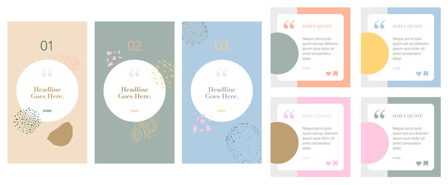 Social Media Instagram Influencer Account Quote Story Post Template Set Of Four. Background Graphic Design Elements. Backdrop. Motivation Inspiration. Trendy Pattern With Flowers And Geometric Shapes