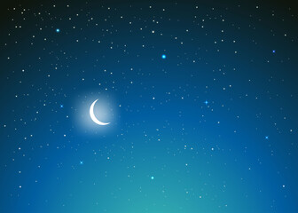Obraz na płótnie Canvas starry night sky. night sky with stars and moon. paper art style. Vector of a crescent moon with stars on a cloudy night sky. Moon and stars background. Vector EPS 10.