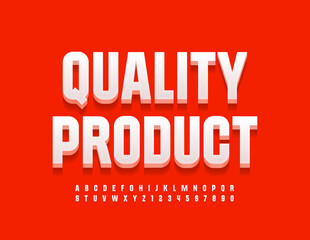 Vector promo badge Product Quality. White Modern Font. 3D stylish Alphabet Letters and Numbers set
