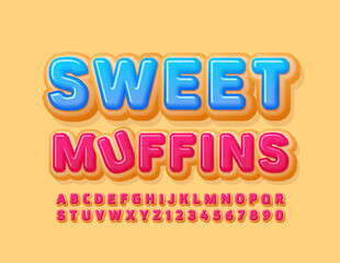 Vector tasty sign Sweet Muffins. Delicious Donut Font. Pink Glazed Alphabet Letters and Numbers set