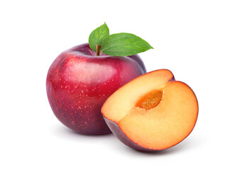 Red Cherry Plum fruits with sliced and green leaf isolated on white background.