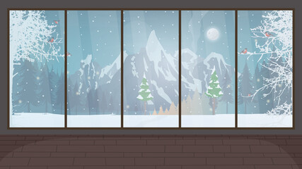 Empty room with a large panoramic window. Winter outside the window. Vector.