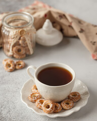 Sweets for tea. Bagels, crackers, crackers, cookies, and pretzels.