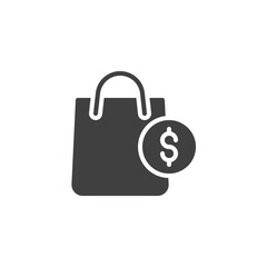 Shopping bag and dollar vector icon. filled flat sign for mobile concept and web design. Purchase price glyph icon. Symbol, logo illustration. Vector graphics