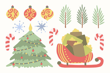 Set of Christmas objects on a white background. Toys, tree branches, snowflakes, spruce, candy canes, sleighs with gifts. Cute vector illustration for Xmas design. Green, yellow, red colors.