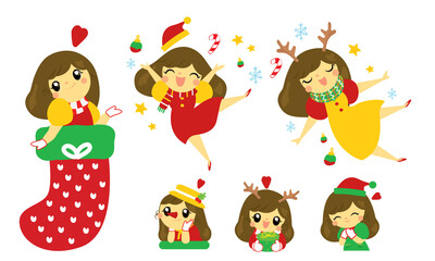 cute girl christmas theme cartoon vector