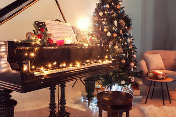 Interior of room with grand piano decorated for Christmas © Pixel-Shot