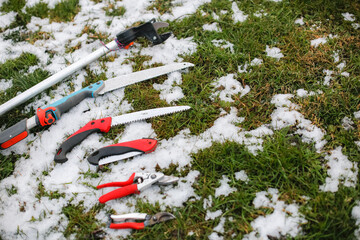 tools for winter gardening, winter spring pruning of trees and bushes and garden maintenance