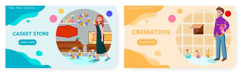 Woman is choosing a coffin or casket for a funeral. Cremation concept vector illustration. Man put urn with ash to columbarium. Coffin store
