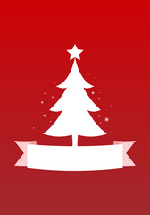 Fototapeta premium White Christmas tree logo with ribbon on red background, Christmas card, Merry Christmas, Vector illustration design