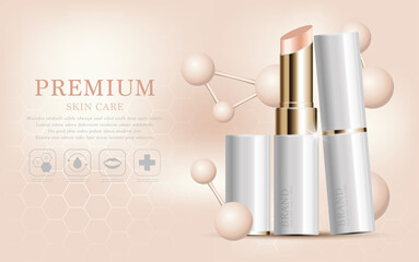 Hydrating facial lipstick for annual sale or festival sale. white and gold lipstick mask bottle isolated on glitter particles background. Graceful cosmetic ads, illustration EPS10.