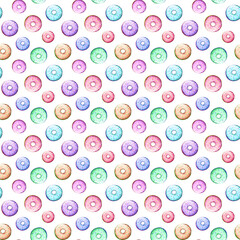 Lots of colorful little donuts on a white background. Bright, fun, seamless pattern. Print donuts for printing on fabrics, curtains, postcards, Wallpaper and other surfaces.