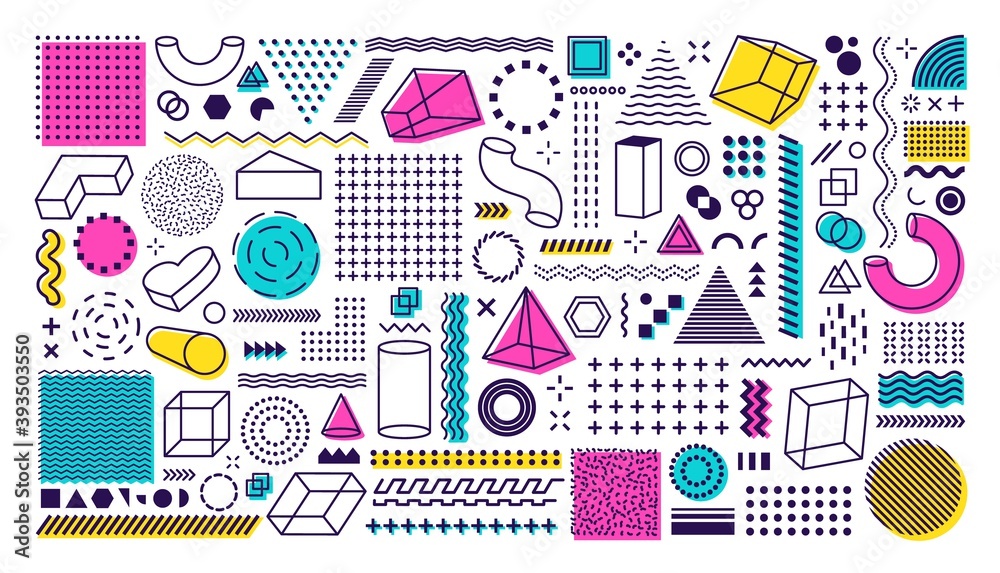 Poster Set of geometric shapes in Memphis style. Trendy retro elements for use in graphic design. Vector geometric shapes design.