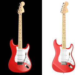 Front view of red white electro guitar black and white background 3d rendering