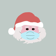 Santa Claus in a medical mask. Christmas during the pandemic. Grandfather protects himself from the coronavirus. Xmax logo or icon with face. Vector illustration.