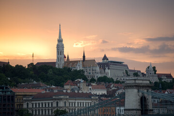 Fototapeta na wymiar Buda side of Budapest at sunset, featuring st. Matthews church