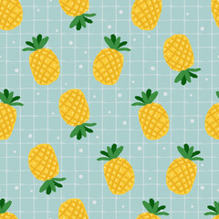 hand drawn yellow pineapple on green plaid background seamless pattern