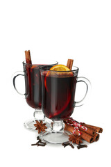Glasses of mulled wine isolated on white background