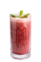 Strawberry milkshake juice cocktail in a glass garnished with fruit and exotic leaf isolated on white background