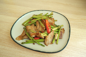 Chinese food, Chinese home cooking dishes, stir-fried pork belly with asparagus and spice