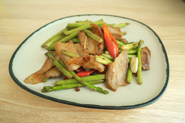 Chinese food, Chinese home cooking dishes, stir-fried pork belly with asparagus and spice
