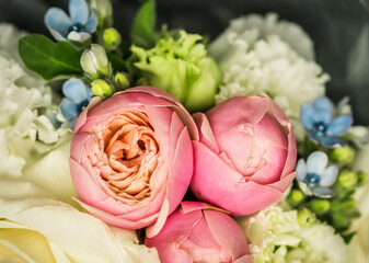 Beautiful flower bouquet arrangement close up in pastel colors. Decoration of roses and decorative...