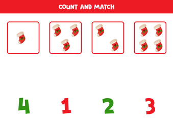 Counting game with Christmas socks. Mathematical worksheet.