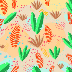 Colorful summer tropical leaves, flowers and florals pattern. Vector illustration.