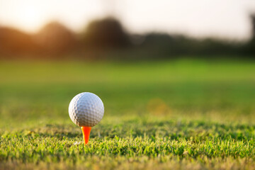 golf ball on tee in a beautiful golf course with morning sunshine