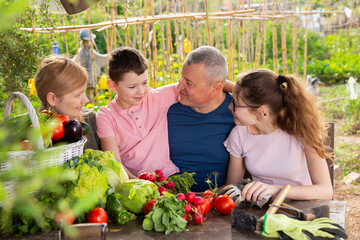 Cheerful family of four breezily chatting at wooden table in garden on summer day happy with rich harvest of vegetables.