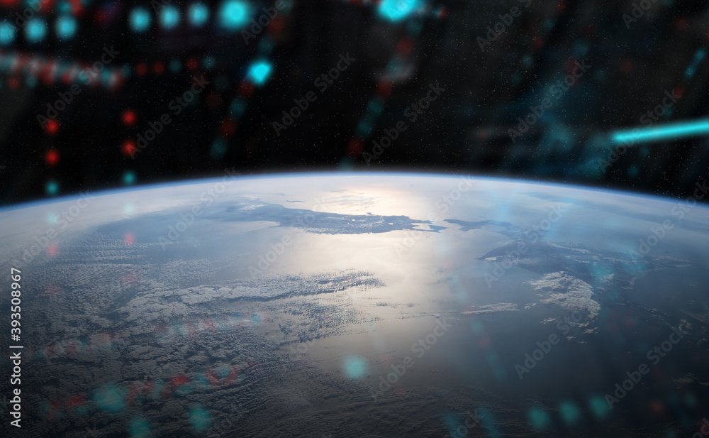 Wall mural view of planet earth from a space station window during a sunrise 3d rendering elements of this imag