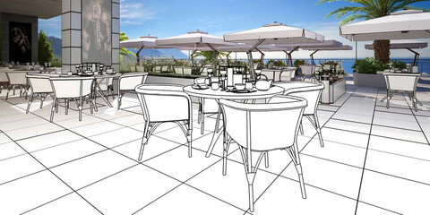 Outdoor Terrace Bar & Restaurant (draft) - panoramic 3d visualization