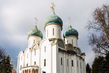 Christrian temple in Sergiev Posad against the background of a beautiful sky on a sunny day.
