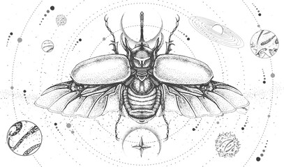 Modern magic witchcraft card with solar system and rhinoceros beetle. Hand drawing occult vector illustration