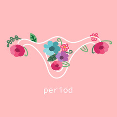 Hand drawn woman uterus. Illustration in modern, trendy colors. Menstruation period concept.