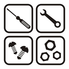 Set of icons, bolts, nuts, screwdriver and wrench, vector