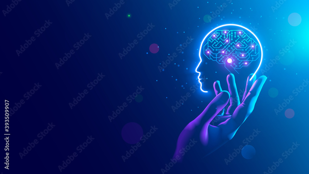 Leinwandbilder AI. Electronic brain. Neon Silhouette of human head with artificial intelligence hanging over palm hand. Cybernetic artificial neural network. Electronic mind. Neuronet, deep machine learning concept.