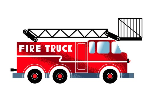Red fire truck. Firetruck for firefighters with black ladder. Fire department emergency vehicle vector illustration. Transport for firefighting isolated on white background