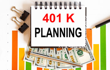 Inscription 401K PLANNING in notebook, concept of planning, with office tools ,chart and dollars
