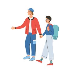 Young happy modern couple during traveling. Man showing and telling something to woman. Tourist characters hiking with backpacks. Flat vector illustration isolated on white background
